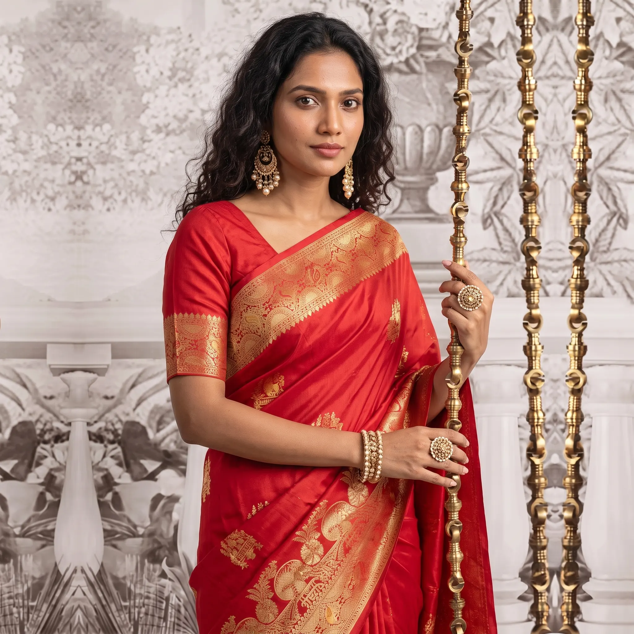 Silk saree with detailed border and pallu, generated on-model